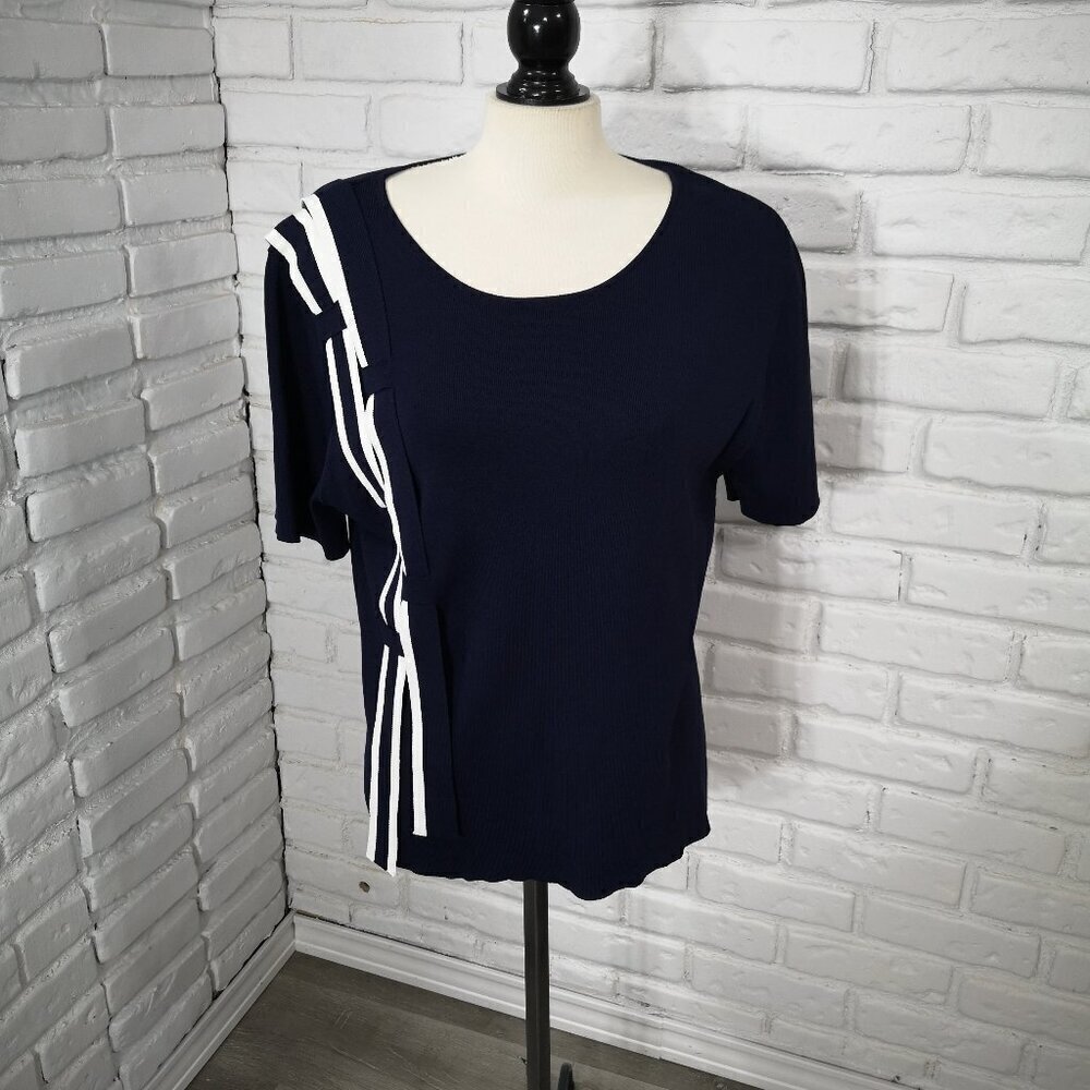 Spanner Ladies Size Large Navy & White Straight Fit Round Neck Short Sleeves Top